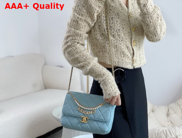 Chanel Mini Flap Bag Light Blue Lambskin Imitation Pearls Gold Tone Metal AS4986 Replica