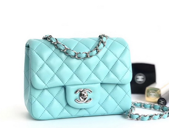 Chanel Mini Flap Bag Light Blue Lambskin Silver Hardware A35200