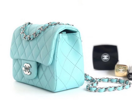 Chanel Mini Flap Bag Light Blue Lambskin Silver Hardware A35200