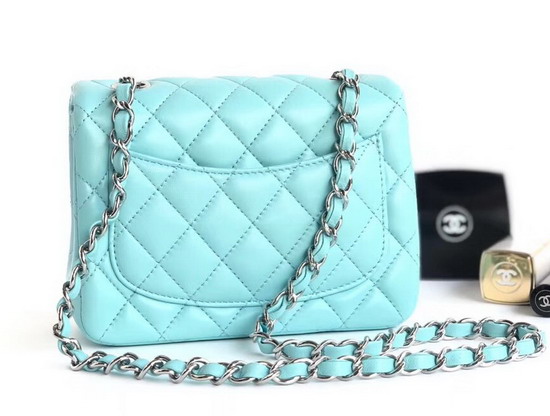 Chanel Mini Flap Bag Light Blue Lambskin Silver Hardware A35200