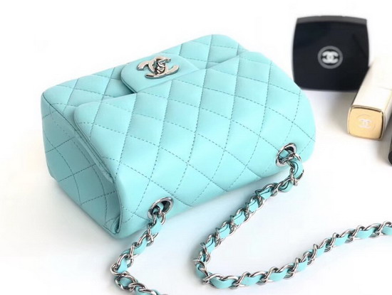 Chanel Mini Flap Bag Light Blue Lambskin Silver Hardware A35200