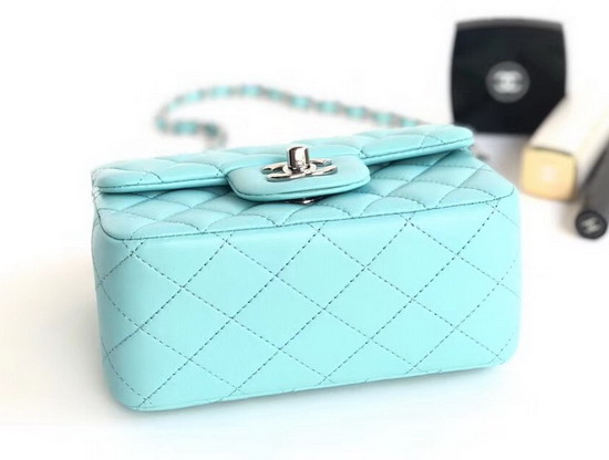 Chanel Mini Flap Bag Light Blue Lambskin Silver Hardware A35200