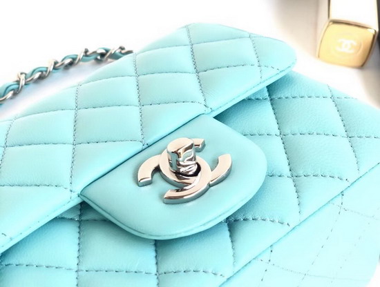 Chanel Mini Flap Bag Light Blue Lambskin Silver Hardware A35200