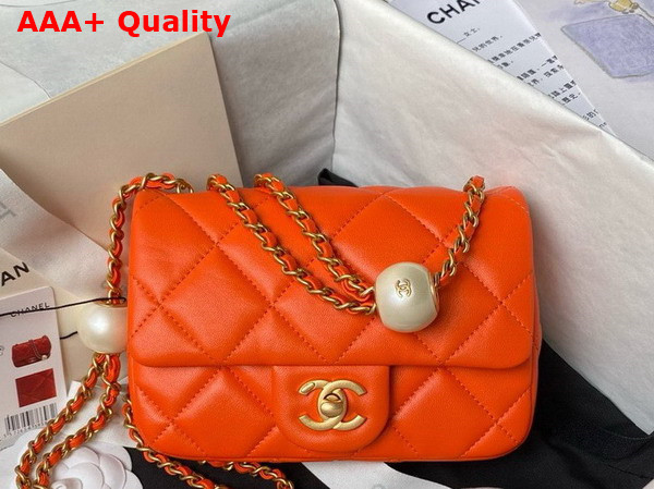 Chanel Mini Flap Bag Orange Lambskin Imitation Pearls Gold Tone Metal AS4868 Replica