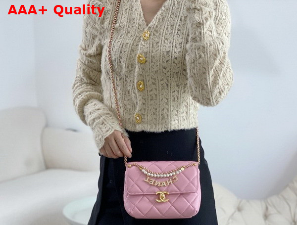 Chanel Mini Flap Bag Pink Lambskin Imitation Pearls Gold Tone Metal AS4986 Replica