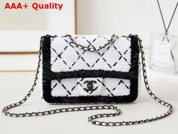 Chanel Mini Flap Bag Sequins and Black Metal White and Black Replica