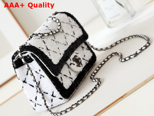 Chanel Mini Flap Bag Sequins and Black Metal White and Black Replica