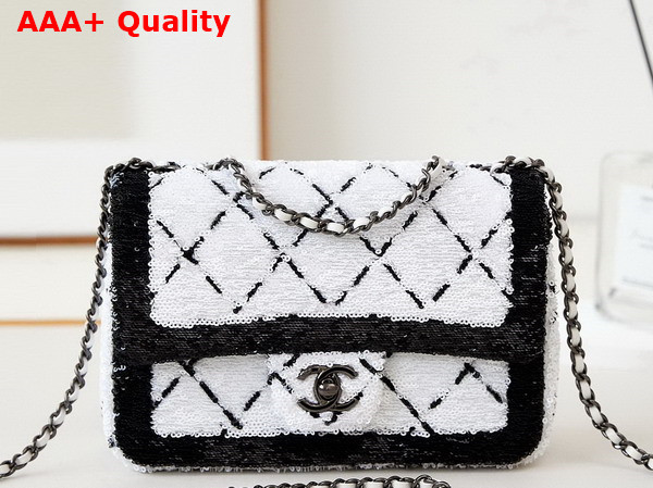 Chanel Mini Flap Bag Sequins and Black Metal White and Black Replica