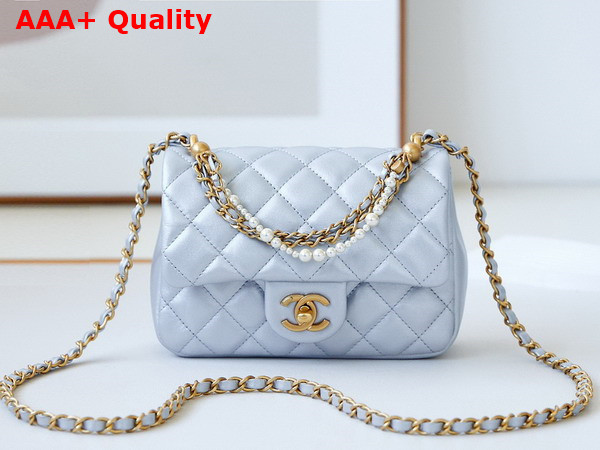 Chanel Mini Flap Bag Shiny Lambskin Imitation Pearls and Gold Tone Metal Silver Ref AS4385 Replica