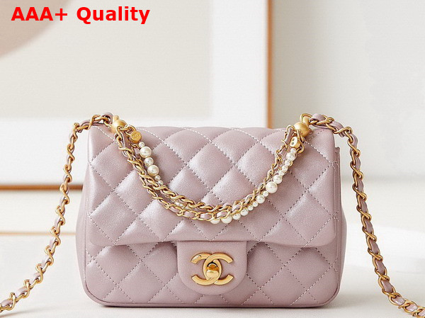 Chanel Mini Flap Bag Shiny Lambskin Imitation Pearls and Gold Tone Metal Light Pink Ref AS4385 Replica