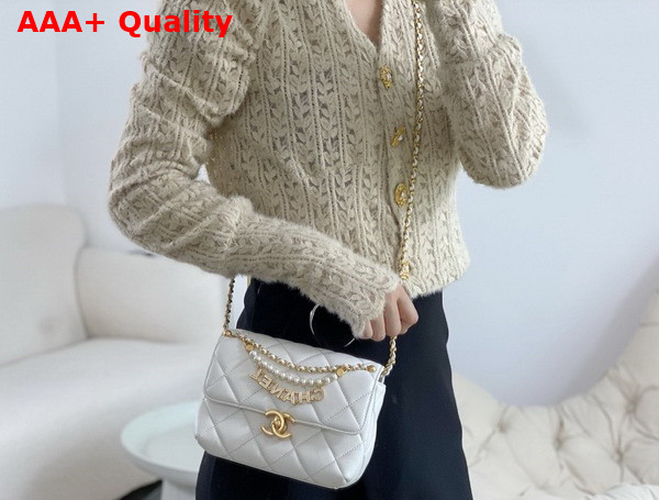 Chanel Mini Flap Bag White Lambskin Imitation Pearls Gold Tone Metal AS4986 Replica