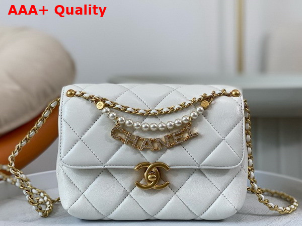 Chanel Mini Flap Bag White Lambskin Imitation Pearls Gold Tone Metal AS4986 Replica