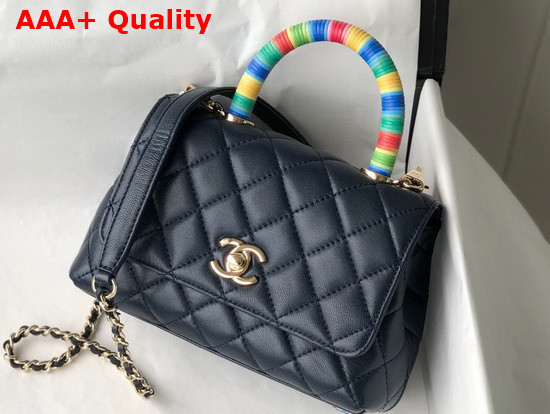 Chanel Mini Flap Bag With Multicolor Top Handle Goatskin and Gold Tone Metal Navy Blue AS2215 Replica