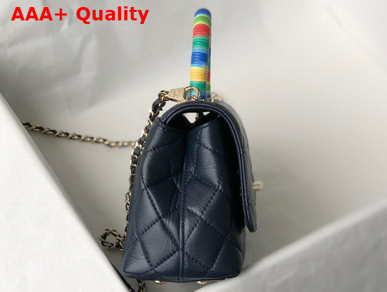 Chanel Mini Flap Bag With Multicolor Top Handle Goatskin and Gold Tone Metal Navy Blue AS2215 Replica