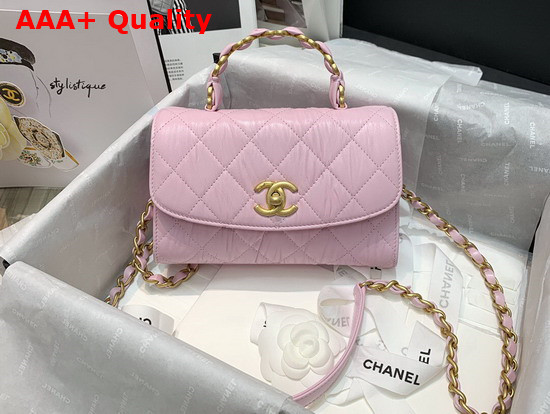 Chanel Mini Flap Bag With Top Handle Crumpled Lambskin and Gold Tone Metal Pink AS2477 Replica