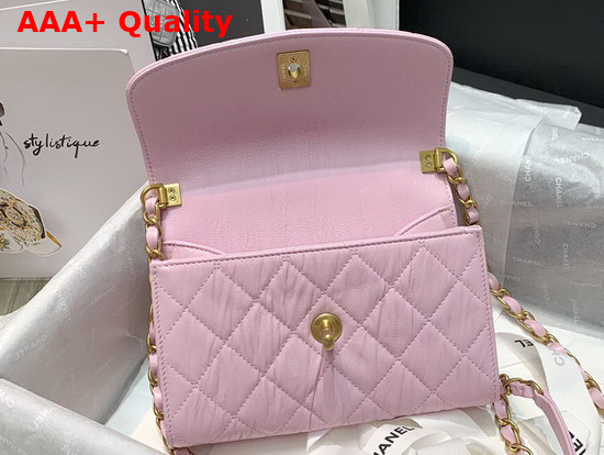 Chanel Mini Flap Bag With Top Handle Crumpled Lambskin and Gold Tone Metal Pink AS2477 Replica