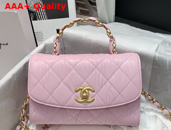 Chanel Mini Flap Bag With Top Handle Crumpled Lambskin and Gold Tone Metal Pink AS2477 Replica