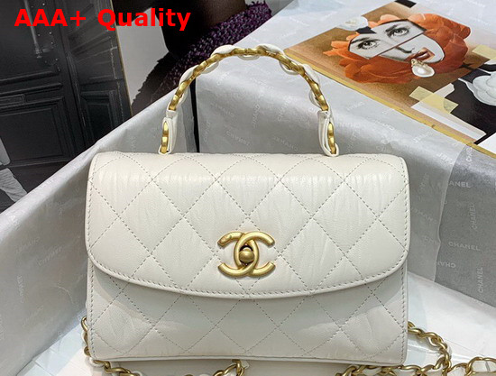 Chanel Mini Flap Bag With Top Handle Crumpled Lambskin and Gold Tone Metal White AS2477 Replica