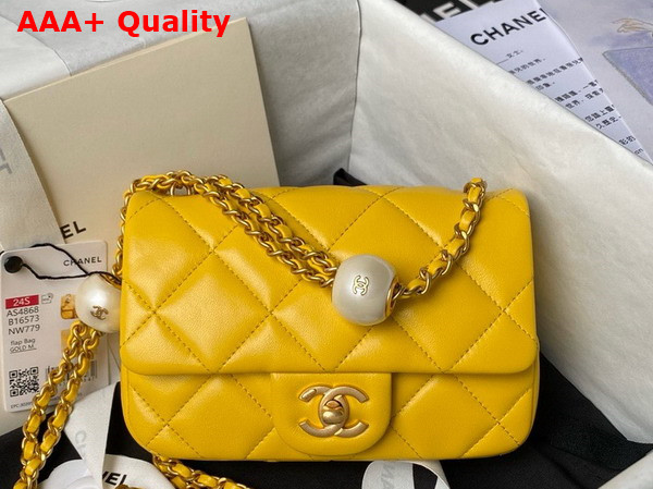 Chanel Mini Flap Bag Yellow Lambskin Imitation Pearls Gold Tone Metal AS4868 Replica