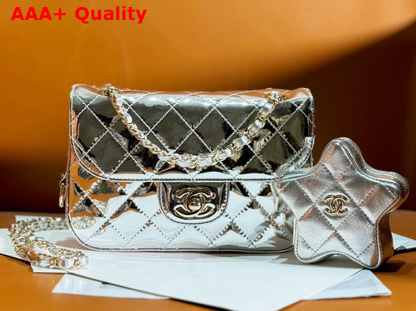 Chanel Mini Flap Bag and Star Coin Purse Silver Mirror Calfskin Metallic Calfskin and Gold Tone Metal AS4646 Replica