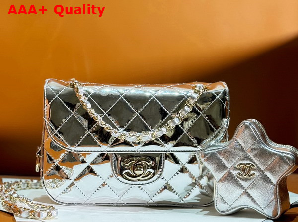 Chanel Mini Flap Bag and Star Coin Purse Silver Mirror Calfskin Metallic Calfskin and Gold Tone Metal AS4646 Replica