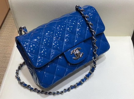 Chanel Mini Flap Bag in Blue Patent Letaher Silver Hardware