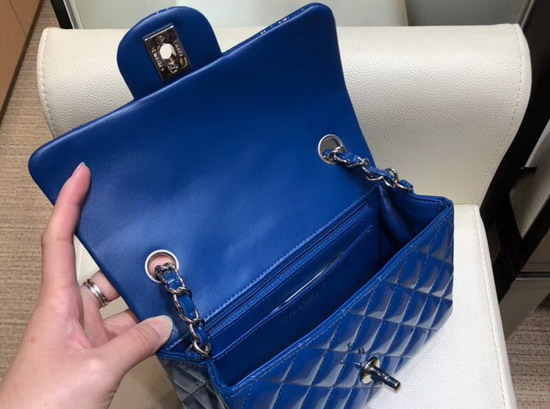 Chanel Mini Flap Bag in Blue Patent Letaher Silver Hardware