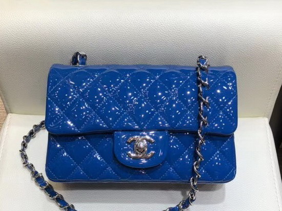 Chanel Mini Flap Bag in Blue Patent Letaher Silver Hardware