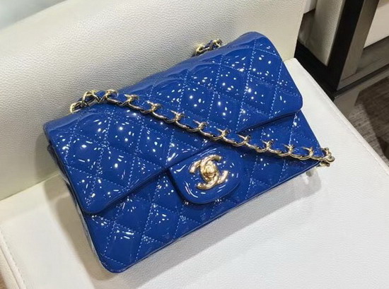 Chanel Mini Flap Bag in Blue Quilted Patent Letaher Gold Hardware