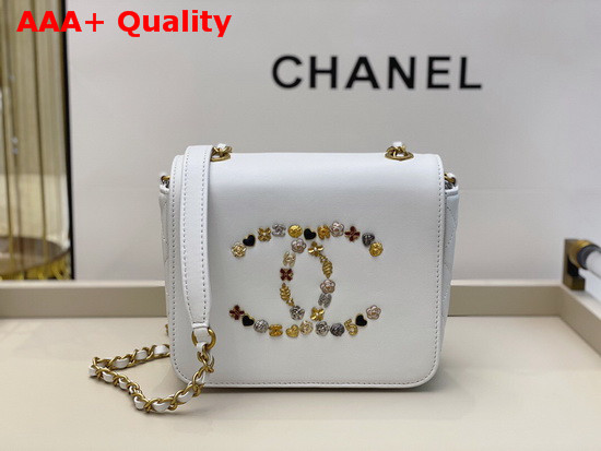 Chanel Mini Flap Bag in White with Charm Logo on the Front Replica