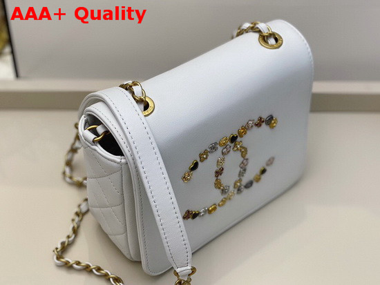 Chanel Mini Flap Bag in White with Charm Logo on the Front Replica