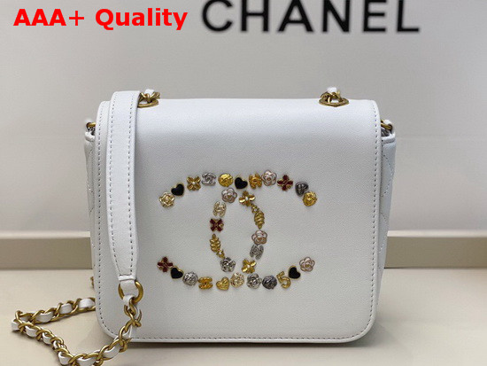 Chanel Mini Flap Bag in White with Charm Logo on the Front Replica