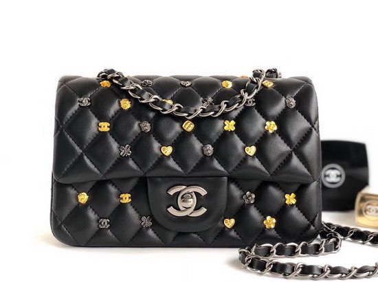 Chanel Mini Flap Bag with Studded Metal Flowers Black Lambskin