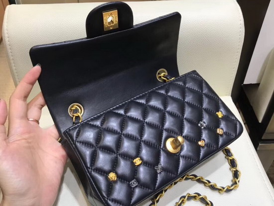 Chanel Mini Flap Bag with Studded Metal Flowers Black Lambskin