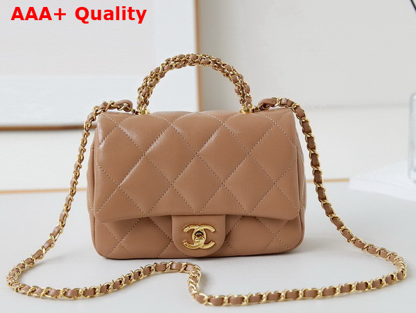 Chanel Mini Flap Bag with Top Handle Beige Shiny Lambskin Gold Tone Metal AS5032 Replica