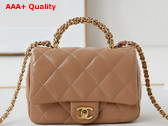 Chanel Mini Flap Bag with Top Handle Beige Shiny Lambskin Gold Tone Metal AS5032 Replica