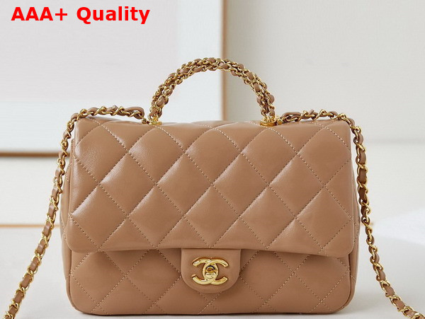 Chanel Mini Flap Bag with Top Handle Beige Shiny Lambskin Gold Tone Metal AS5043 Replica