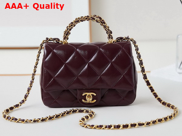 Chanel Mini Flap Bag with Top Handle Burgundy Shiny Lambskin Gold Tone Metal AS5032 Replica