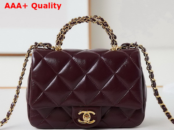 Chanel Mini Flap Bag with Top Handle Burgundy Shiny Lambskin Gold Tone Metal AS5032 Replica