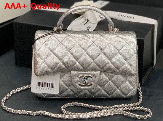 Chanel Mini Flap Bag with Top Handle Grained Calfskin and Silver Tone Metal Silver AS2431 Replica