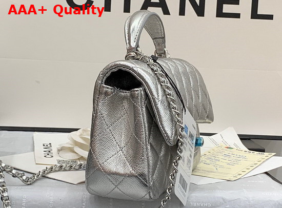 Chanel Mini Flap Bag with Top Handle Grained Calfskin and Silver Tone Metal Silver AS2431 Replica