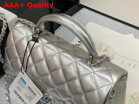 Chanel Mini Flap Bag with Top Handle Grained Calfskin and Silver Tone Metal Silver AS2431 Replica