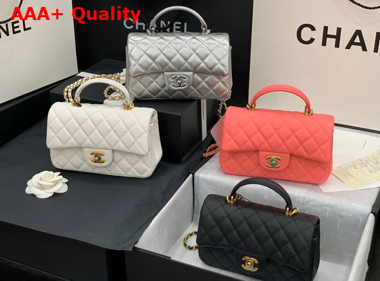 Chanel Mini Flap Bag with Top Handle Grained Calfskin and Silver Tone Metal Silver AS2431 Replica