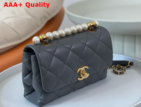 Chanel Mini Flap Bag with Top Handle Grey Shiny Lambskin Imitation Pearls Gold Tone Metal AS5001 Replica