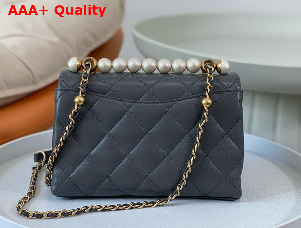 Chanel Mini Flap Bag with Top Handle Grey Shiny Lambskin Imitation Pearls Gold Tone Metal AS5001 Replica