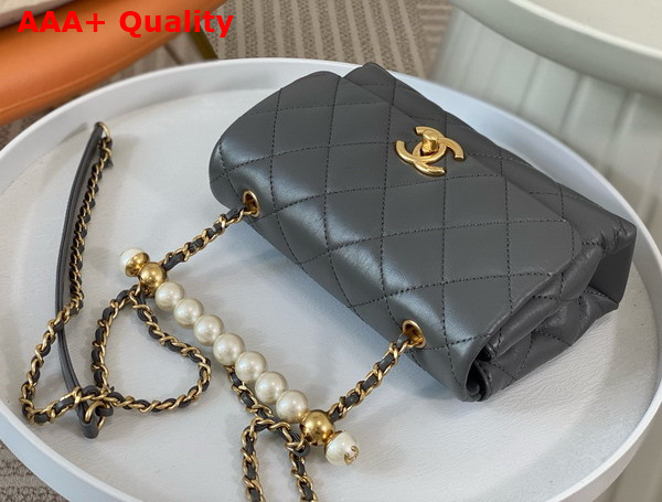 Chanel Mini Flap Bag with Top Handle Grey Shiny Lambskin Imitation Pearls Gold Tone Metal AS5001 Replica