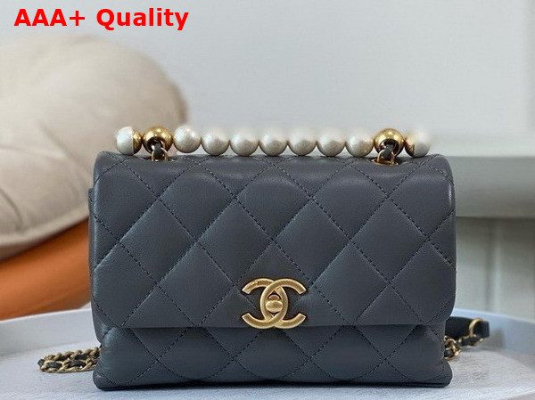 Chanel Mini Flap Bag with Top Handle Grey Shiny Lambskin Imitation Pearls Gold Tone Metal AS5001 Replica