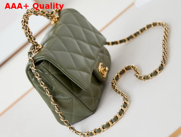 Chanel Mini Flap Bag with Top Handle Khaki Shiny Lambskin Gold Tone Metal AS5032 Replica