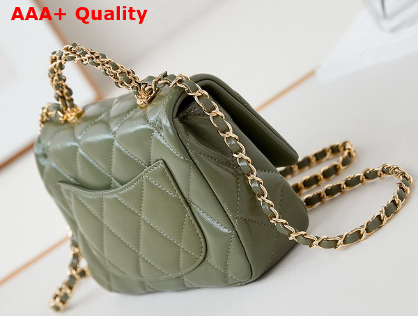 Chanel Mini Flap Bag with Top Handle Khaki Shiny Lambskin Gold Tone Metal AS5032 Replica