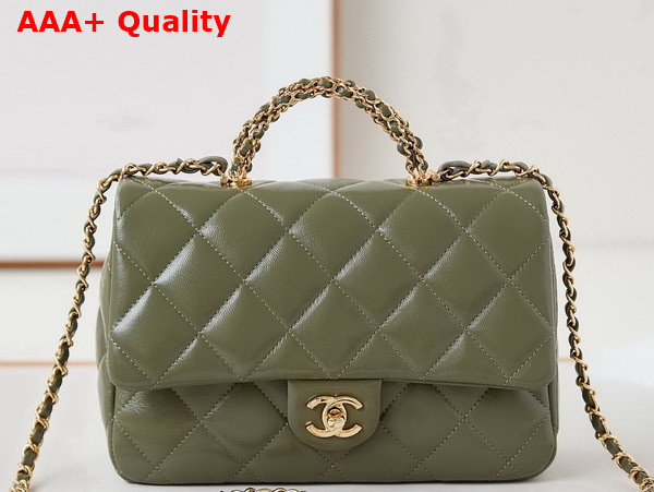 Chanel Mini Flap Bag with Top Handle Khaki Shiny Lambskin Gold Tone Metal AS5043 Replica